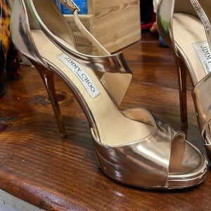 Gold strappy Jimmy Choo stilettos. Size 38.